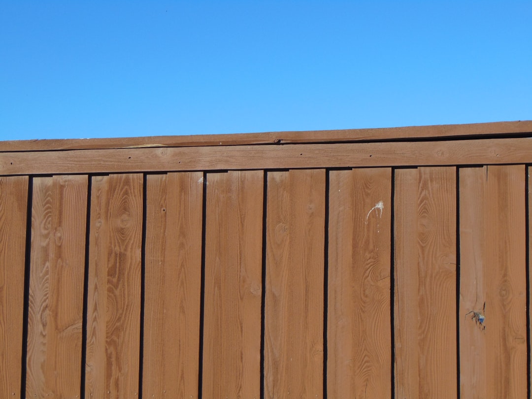 A wooden garden fence with a rich brown finish against a blue sky